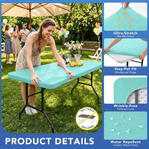 Miniatura 2 de Mantel de elastano para mesas rectangulares de 6 pies, paquete de 4 unidades, color azul aguamarina, para picnic al aire libre, manteles elásticos