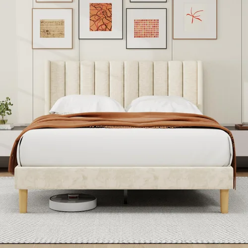 alazyhome - Marco de cama tapizado de plataforma tamaño Queen con cabecera, soporte de listones de madera, sin ruido, fácil montaje, terciopelo beige