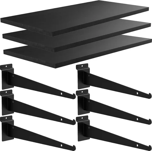 Miniatura 7 de Paquete de 3 estantes de madera con listones de pared de 15.7 x 6 pulgadas, estantes de pared con soportes de metal, accesorios organizadores