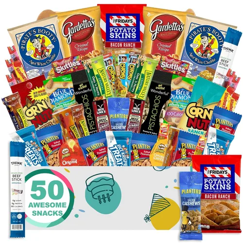 Cesta de regalo de cumpleaños para hombre, caja de aperitivos abundante (paquete de cuidado de 50 piezas) Jerky, nueces, patatas fritas, pretzels,