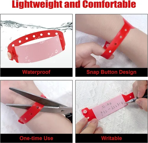 Miniatura 4 de 100 pulseras de vinilo para identificación de hospital, pulsera médica ajustable impermeable, pulsera desechable para hospital (color rojo)