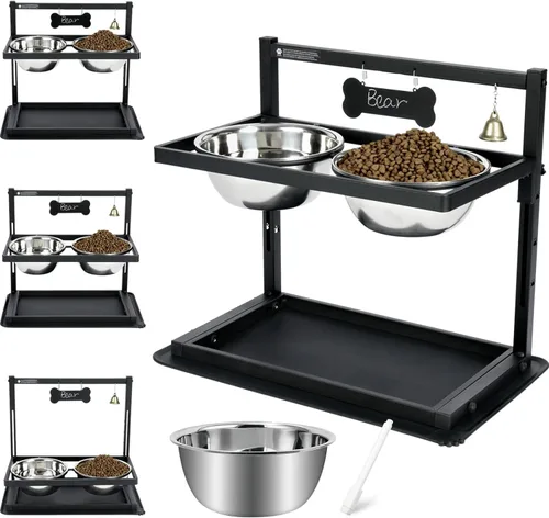 SHAINFUN Soporte de Cuencos Elevados/Alzados para Perros con Altura Ajustable con Dos Cuencos de Comida de Acero Inoxidable de 1.7L y Tapete a