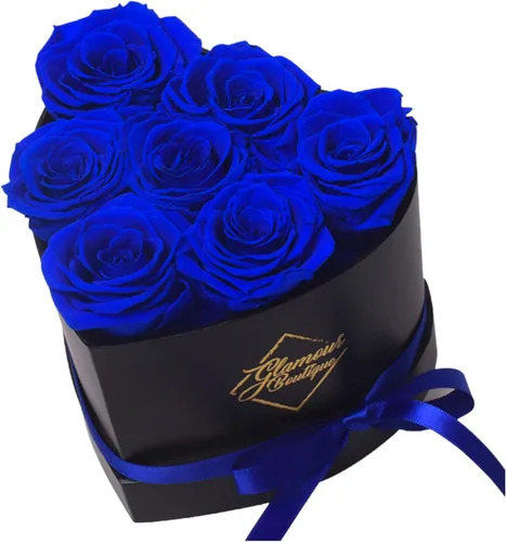 GLAMOUR BOUTIQUE - Caja en forma de corazón con 7 flores, rosas preservadas, regalo para mujer, color azul
