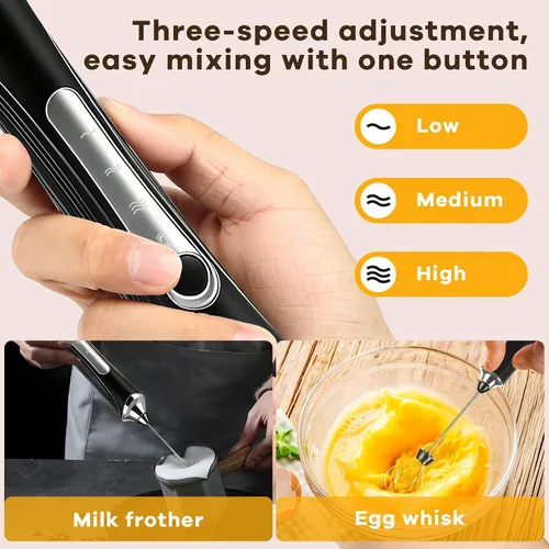 Miniatura 2 de Espumador de leche recargable de mano con soporte espumador de varita, mezclador de mano ajustable de 3 velocidades con 2 batidores de acero