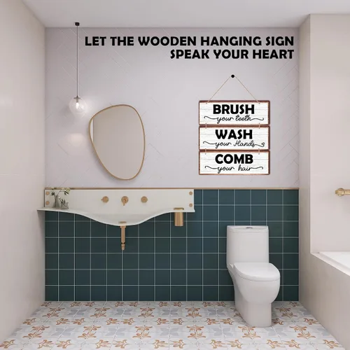 Miniatura 5 de Letrero de madera rústica para colgar en la pared con texto en inglés «Wash Your Hands», «Brush Your Teeth Peine Your Hair», letrero decorativo
