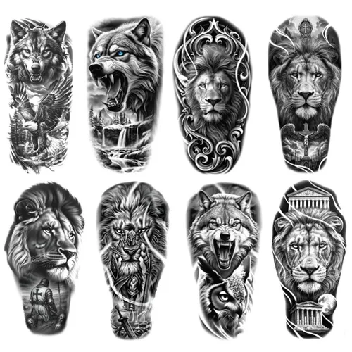 Miniatura 15 de 8 hojas lobo taichi tótem cráneo luna bosque flor brazo pierna tatuaje temporal XQB-07