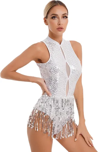 Miniatura 3 de winying Leotardo de baile de jazz latino con borlas de lentejuelas brillantes para mujer