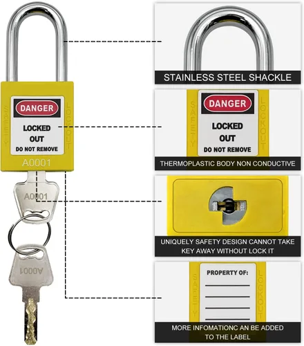 Miniatura 4 de SAFBY Loto - Candados seguros con 10 llaves para estaciones y dispositivos de bloqueo (amarillo, clave diferente)