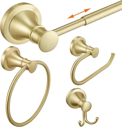 Hoimpro Juego de baño de 4 piezas de oro cepillado, accesorio de montaje en pared (toallero ajustable, soporte para toallero, soporte para toallas