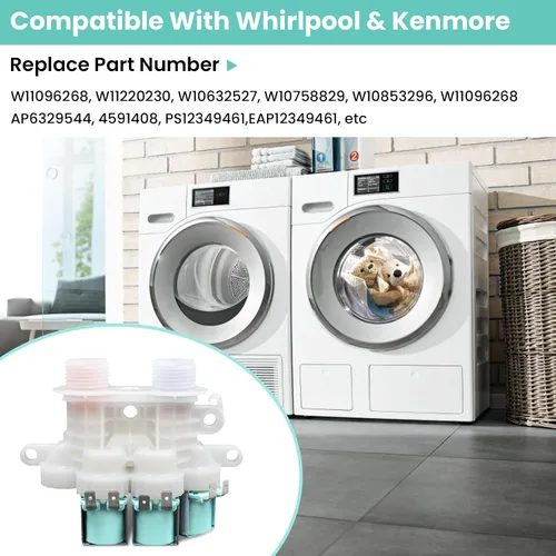 Miniatura 3 de W11096268 W11220230 Válvula de entrada de agua compatible con lavadora whirl-pool ken-more Reemplaza W10632527 W10758829 W10853296 W11096268 etc