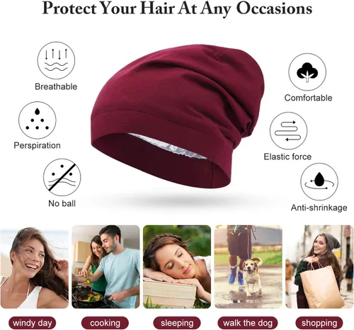 Miniatura 43 de 4 Pieces Satin Lined Beanie Cap Satin Sleep Lined Hat Slouchy Beanie Hat Night Silk Hair Cap for Women Men