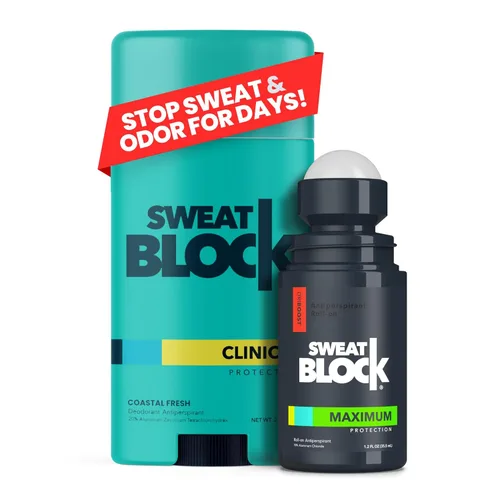 SweatBlock Sistema antitranspirante y desodorante de fuerza clínica para hombres y mujeres, roll-on de 1.2 onzas líquidas para control del sudor más