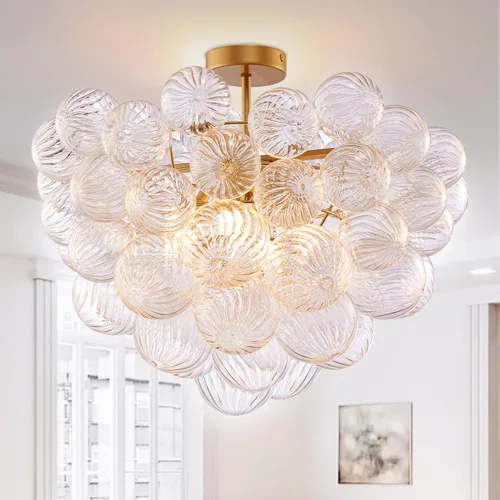 Longree Lámpara de techo semiempotrada con bola de burbujas, diámetro de 20 pulgadas, cristal soplado dorado y transparente, pequeña lámpara de Oro