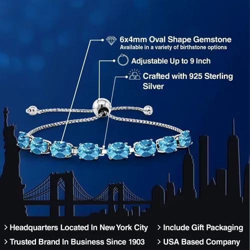 Miniatura 178 de Gem Stone King Pulsera de plata de ley 925 con piedra natal ovalada de 0.276 x 0.197 in para mujer, totalmente ajustable hasta 9 pulgadas
