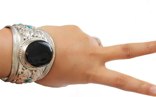 Miniatura 4 de Pulsera ajustable de acero inoxidable chapado en argencio de ónix negro Joyería bohemia de Nepal, Piedra, Ónix