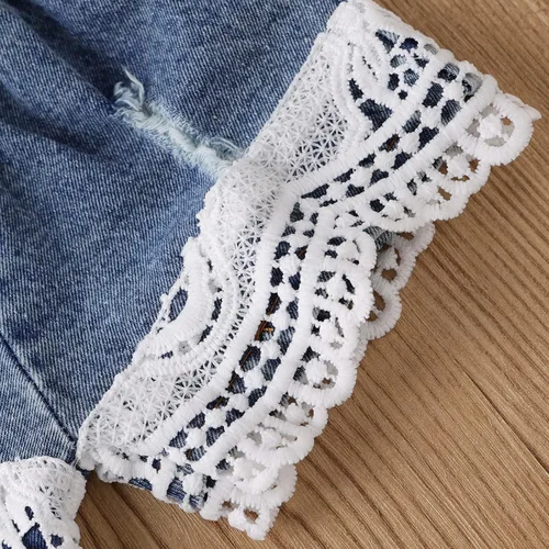 Miniatura 6 de ODIMAME Conjunto de ropa para bebé niña con encaje blanco + jeans rasgados + diadema, conjunto de ropa de verano de 3 piezas
