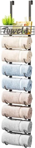Miniatura 12 de HapiRm Toalleros para almacenamiento de baño, 3 niveles sobre la puerta y montaje en pared, organizador de toallas enrollado con cesta de estante