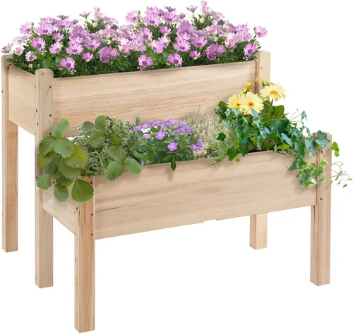 Miniatura 12 de Outsunny - Jardinera elevada de madera con estante de almacenamiento, orificios de drenaje y forro para el patio trasero, la terraza, el balcón, 47
