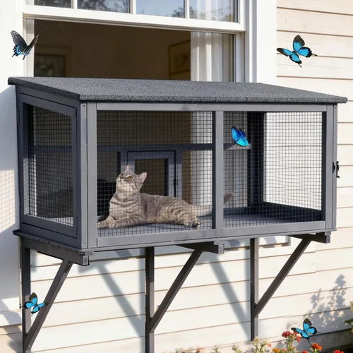Miniatura 10 de Cat Catio - Recintos para gatos al aire libre, casa móvil para gatos con ruedas de ejercicio, jaula para gatos con caja de descanso mejorada, Gris