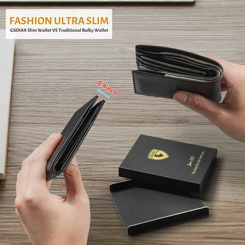 Miniatura 69 de GSOIAX Cartera delgada de cuero plegable RFID para hombre, billetera minimalista con bolsillo frontal con clip para dinero, 12 ranuras para Negro
