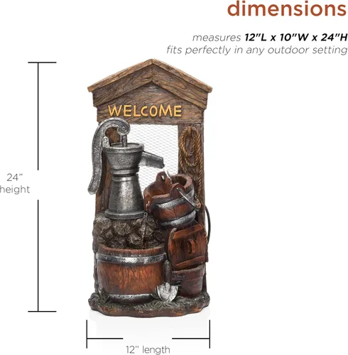 Miniatura 3 de Alpine Corporation ZEN576S - Bomba de agua de diseño rústico para exteriores y fuente de suelo de barril, letrero de bienvenida, 24 pulgadas