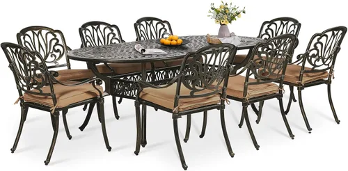 Miniatura 35 de Juego de comedor de patio de 9 piezas, mesa y sillas de patio al aire libre, mesa de comedor ovalada de aluminio fundido de 84 pulgadas con agujero