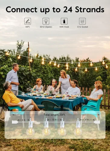 Miniatura 2 de Brightown Guirnalda de luces para exteriores de 30 pies – Luces comerciales para patio con 30 bombillas LED G40 inastillables, luz colgante