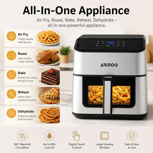 Miniatura 8 de Air Fryer Pro 8 cuartos de galón, freidora de aire 8 en 1 con ventana de visión, aire rápido de 360°, 1500 W, 80% menos de aceite, cesta