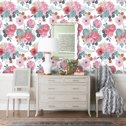 Miniatura 3 de HAOKHOME - Papel pintado floral para despegar y pegar, acuarela, cactus, blanco/rosa/verde/azul marino, vinilo autoadhesivo, papel de contacto