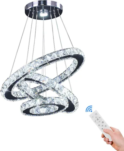 Miniatura 7 de Lámparas de araña LED de cristal, lámpara colgante moderna para comedor, lámpara de techo ajustable con 3 anillos, de acero inoxidable, blanco frío