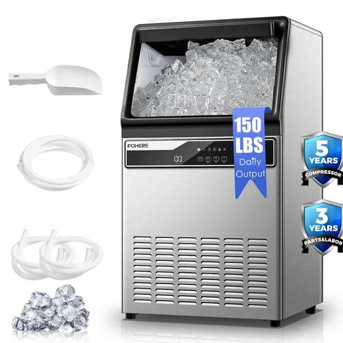 Máquina de hielo comercial de 150 libras por día, carcasa de acero inoxidable bajo mostrador con capacidad de almacenamiento de 33 libras, máquina