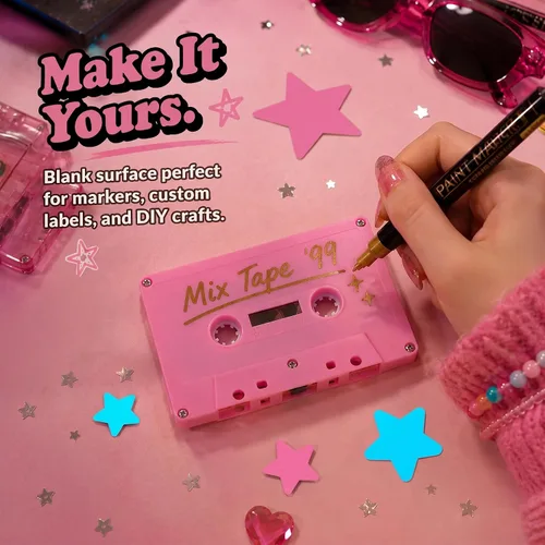 Miniatura 2 de Cintas de casete en blanco rosa para decoraciones de fiesta de los años 80 y 90, 2 casetes de audio decorativos retro para centros de mesa de música