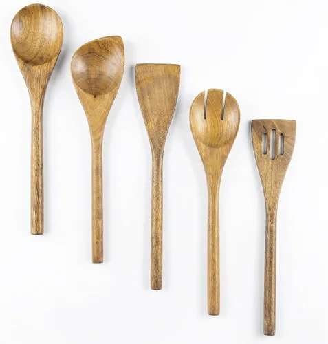 Miniatura 7 de Juego de 5 cucharas de madera para cocinar, juego de utensilios de cocina de teca natural, superficie antiadherente lisa, juego de espátulas