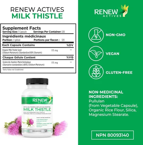 Miniatura 4 de Renew Actives Cápsulas de cardo mariano de 175 mg por porción de extracto orgánico de semillas para la salud del hígado, fórmula concentrada