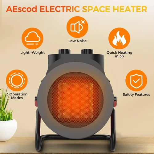 Miniatura 5 de Elevoke Calentadores de espacio para uso en interiores, calentador eléctrico PTC de 1500 W con ángulo ajustable de 90°, calor de seguridad rápido