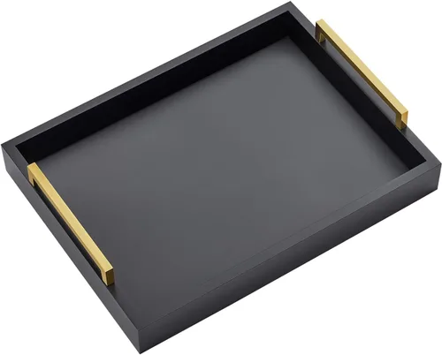 Bandejas de servir de 16 x 12 pulgadas con asas, bandeja decorativa negra, bandejas otomanas para sala de estar, baño y bandejas decorativas al aire