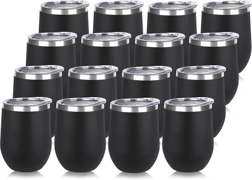 DOMICARE - Juego de 16 vasos de vino de 12 onzas con tapa, hechos de acero inoxidable con aislamiento al vacío de doble pared, color negro