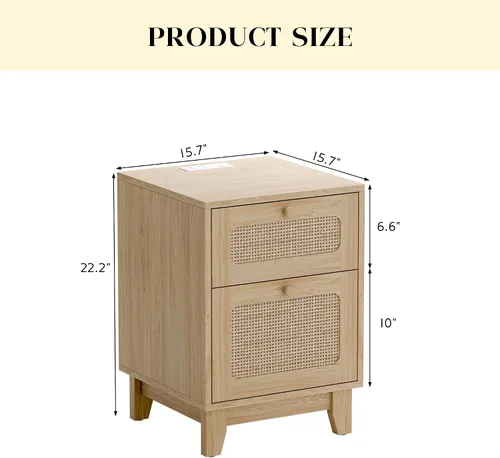 Miniatura 3 de Betterhood Mesitas de noche de ratán con estación de carga, mesitas de noche de madera con cajón y gabinete, mesitas de noche bohemias con USB