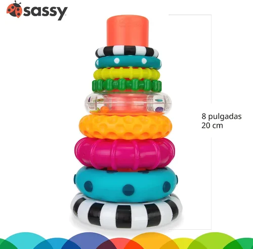 Miniatura 4 de Anillo de apilado de pilas de círculos de Sassy, juguete de aprendizaje STEM, a partir de 6 meses, multicolor, juego de 9 piezas