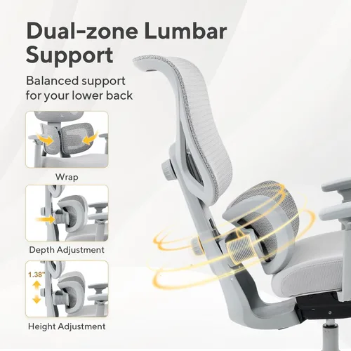 Miniatura 4 de Nouhaus Ergo Morph Silla de oficina ergonómica, sillas de oficina de malla con respaldo alto con soporte lumbar dinámico de doble zona, respaldo Gris