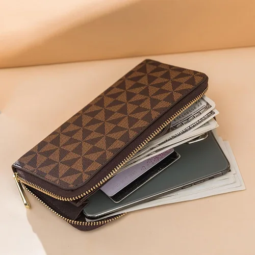 Miniatura 14 de Veki Billetera para mujer con doble cremallera y correa para la muñeca, monedero de cuero para tarjetas de crédito para mujeres y hombres, Negro A