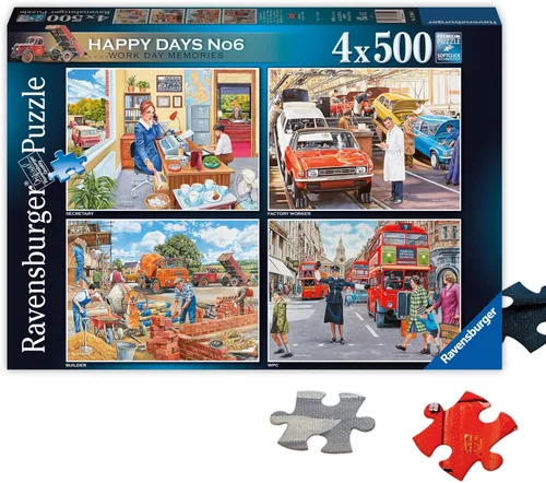 Ravensburger - Recuerdos del día de trabajo de Happy Days - Rompecabezas de 4 x 500 piezas - Colores llamativos y detalles intrincados de la vida
