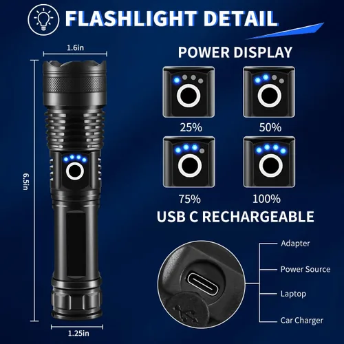 Miniatura 5 de UUYEE Paquete de 3 linternas recargables de alto lúmenes, linterna súper brillante, 5 modos de linterna LED recargable, linternas tácticas