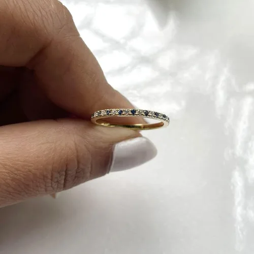 Miniatura 5 de Blue Sapphire & White Diamond Half Eternity Wedding Band For Women, 14k Gold Finish Sapphire Wedding Band, Ladies Alternate Diamond Ring