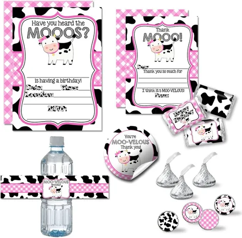 El paquete de fiesta de cumpleaños de vaca rosa de Heard the Moos incluye 20 invitaciones y tarjetas de agradecimiento con sobres + calcomanías,