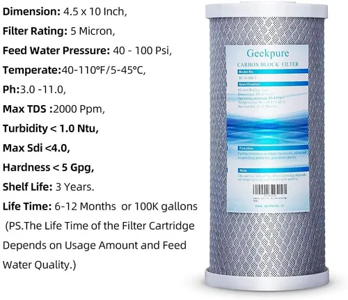 Miniatura 6 de Geekpure Sistema de filtro de agua para toda la casa de 10 pulgadas con 4 filtros de bloque de carbono, puerto de 4.5 x 10 pulgadas - 3/4 pulgadas