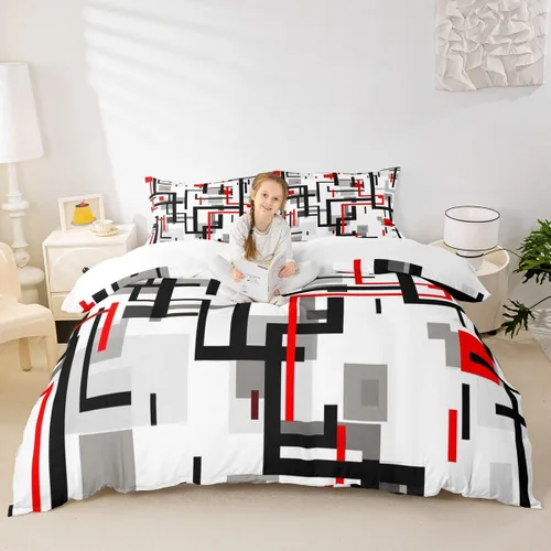Juego de ropa de cama de líneas negras, rojas y grises, tamaño individual para habitación de niños y niños, juego de funda de edredón con costuras