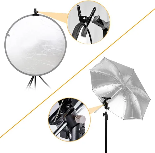 Miniatura 5 de 2 soportes de abrazadera de metal resistente con soporte de luz de 5/8 pulgadas, abrazadera reflectora con orificio para paraguas y montaje