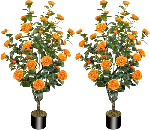Miniatura 17 de Árbol artificial de 43.3 pulgadas / 3.6 pies con flores de camelia, árbol de otoño falso con 32 flores florecientes, árbol naranja para otoño