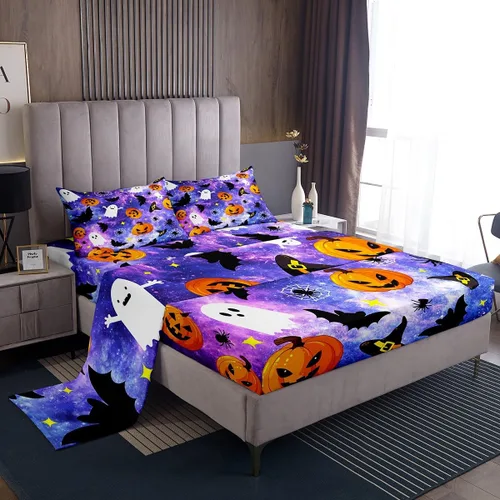 Miniatura 10 de Manfei Juego de sábanas de Halloween tamaño individual, juego de ropa de cama de farol de calabaza fantasmas para niños y niñas, decoración